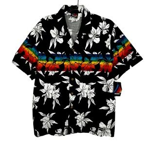 Hobie Floral Rainbow Stripe Shirt Mens Large Black NWT Short Sleeve Cotton Surf